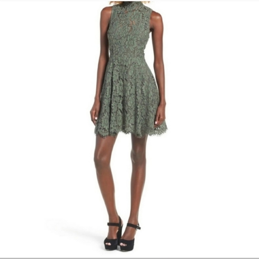 Keepsake Porcelain Green Lace Open Back Dress Mini Keyhole Bohemian Fall Style